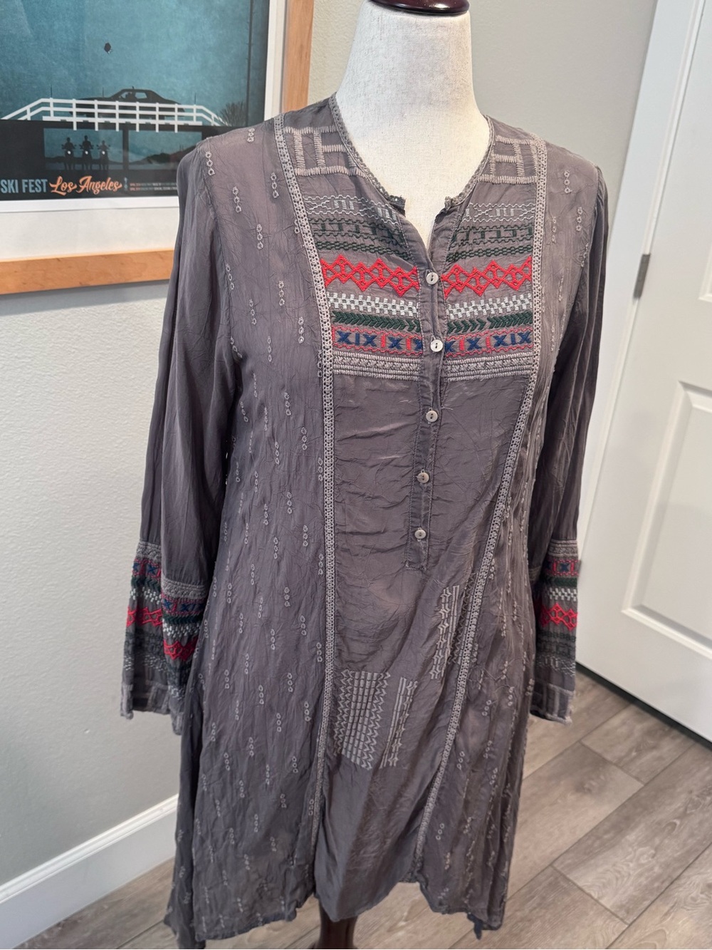Johnny Was Charcoal Gray High Low Dress with Red and Green Accents Size Medium